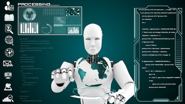 Foto futuristische robotinterface voor data-analyse en programmering