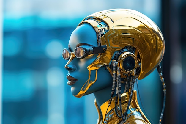 Futuristische robotvrouw met een koninklijke gouden helm close-up