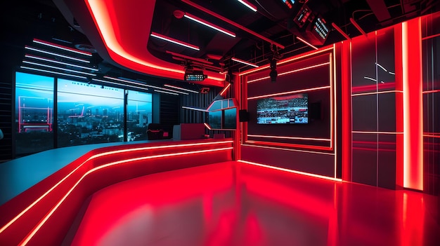 Futuristische rode neonverlichte studioruimte met uitzicht op de stad modern interieurontwerp voor creatief werk ideale achtergrond voor virtuele evenementen AI