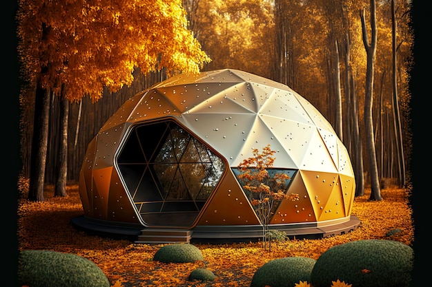 Futuristische ronde yurt tegen de achtergrond van prachtig herfstbos