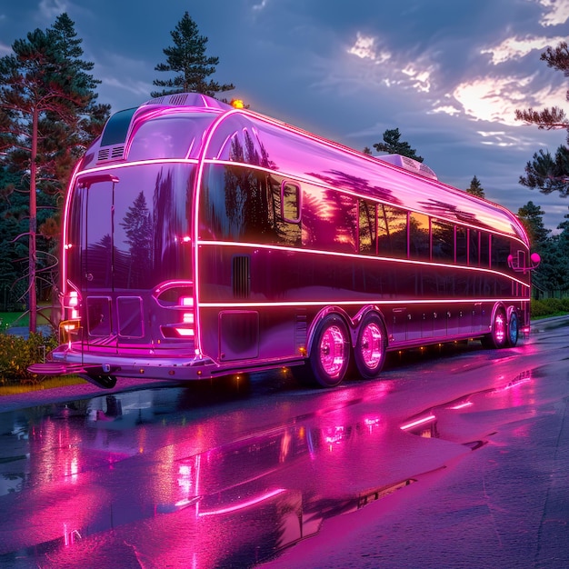 Foto futuristische roze neon verlichte luxe bus in de schemering
