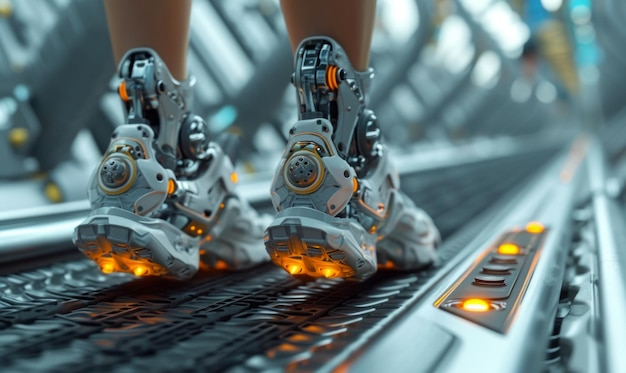 Futuristische schoenen lopen op de metalen trap 3D rendering Imagens