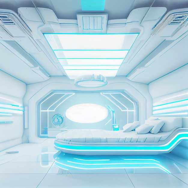 Futuristische sci-fi architectuur wit neon slaapkamer interieur. High-tech slaapkamer interieur