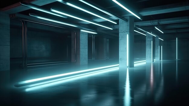 Foto futuristische sci-fi lijnen witte neon buislichten gloeien in betonnen vloer kamer met reflecties leeg