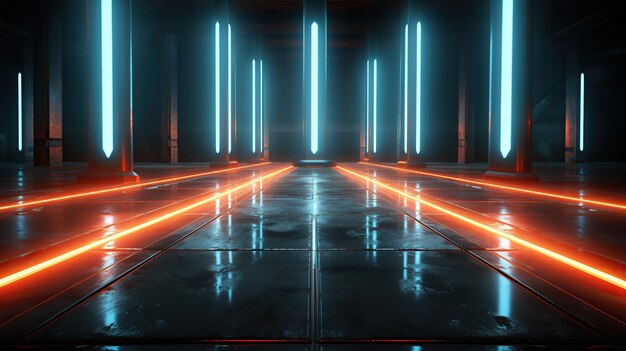 Foto futuristische sci-fi lijnen witte neon buislichten gloeien in betonnen vloer kamer met reflecties leeg