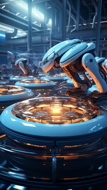futuristische sci fio fio-machines in een fabriek met gloeiende lichten generatieve ai