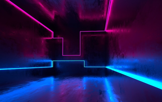 Futuristische scifi-betonkamer met gloeiende neon Blauwe en roze neonlichten
