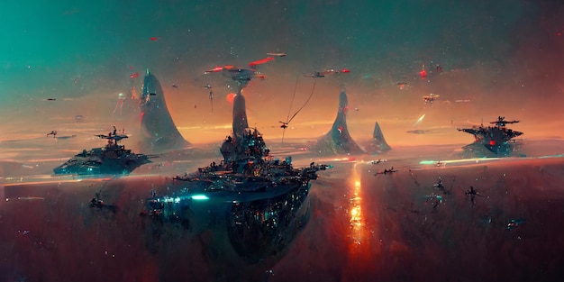 Futuristische sciFi-gevechtsruimteschepen zweven boven een zure oceaan van een buitenaardse planeet, 3d render.