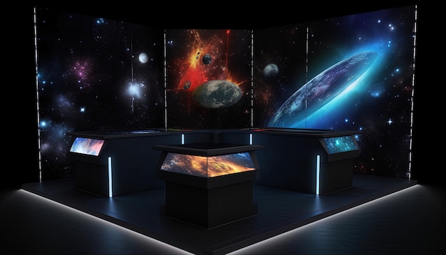 Foto futuristische scifi-ruimte met displays van planeten, sterren en melkwegachtergrond