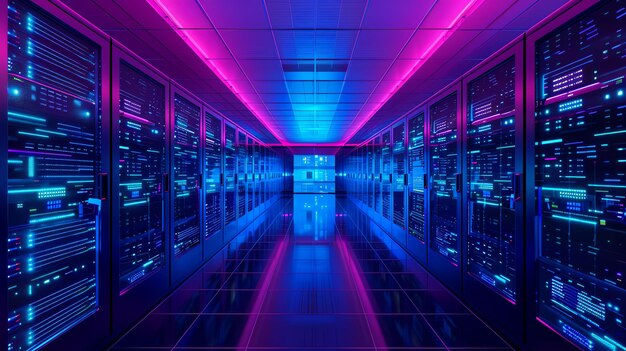 Futuristische SciFi Server Room Glowing neon lichten verlichten de donkere kamer gevuld met server racks