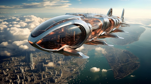 Foto futuristische sky taxi in een cloud city met aerodynamisch ontwerp en gloeiende motoren vliegt