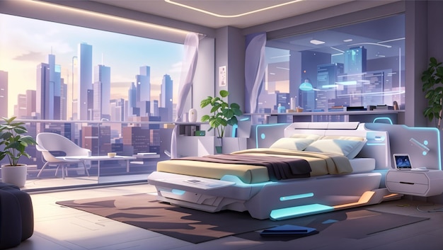Futuristische slaapkamer met balkon, uitzicht op de stad en geavanceerde gadgets en apparaten