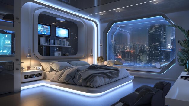 Futuristische slaapkamer met digitale fotoramen