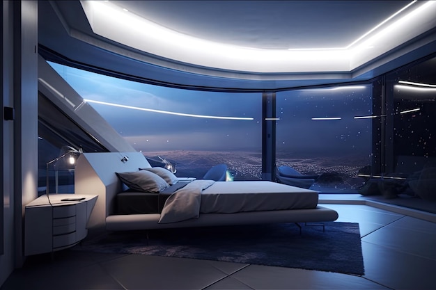 Futuristische slaapkamer met glazen ramen panoramisch uitzicht op de sterren en de nevel