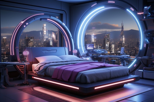Futuristische slaapkamer met hightech concept en futuristische kleuren