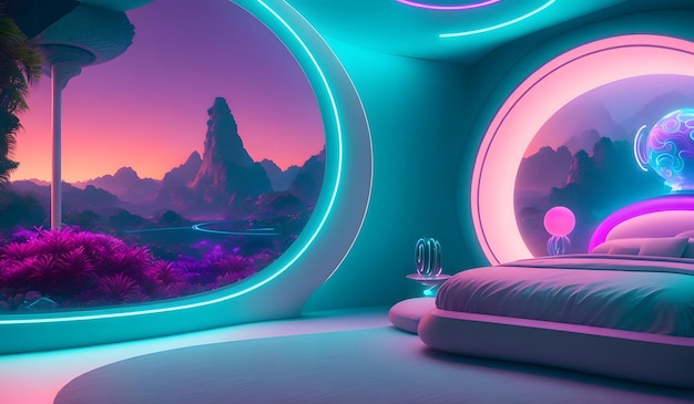Foto futuristische slaapkamer met neonlichten generatieve ai