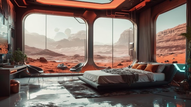 Futuristische slaapkamer met uitzicht op de woestijn