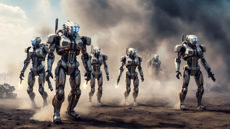 Foto futuristische slagveld robot squad in een rokerige buitenveld
