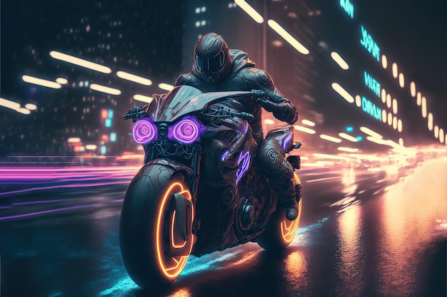 futuristische sportmotorfiets rijden in een nachtstad, cyberpunkmotorfietsachtergrond