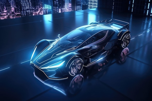 Futuristische sportwagen op donkere achtergrond Elektrisch autovoertuig met gloeiende led-verlichting Digitale visualisatie van futuristisch transport