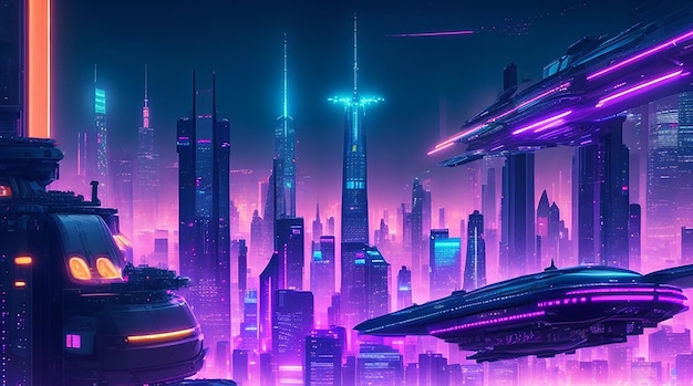 Futuristische stad, een uitgestrekte neonverlichte metropool met torenhoge wolkenkrabbers en vliegende auto's