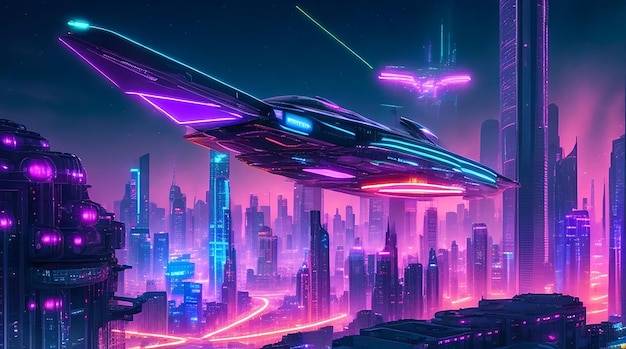 Futuristische stad, een uitgestrekte neonverlichte metropool met torenhoge wolkenkrabbers en vliegende auto's