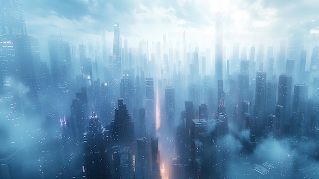 Foto futuristische stad gehuld in mist