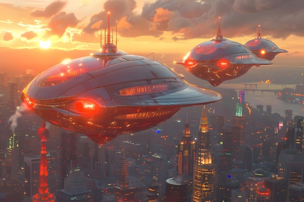 Futuristische stad met buitenaardse ruimteschepen en zonsondergang