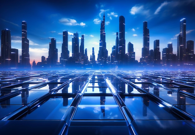 futuristische stad met donkerblauwe kubussen