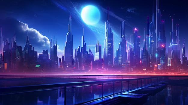 futuristische stad met een futuristische skyline's nachts generatieve ai