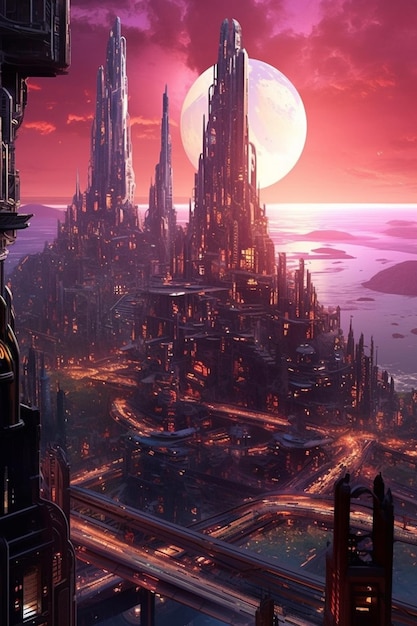 futuristische stad met een gigantische maan aan de hemel generatieve ai