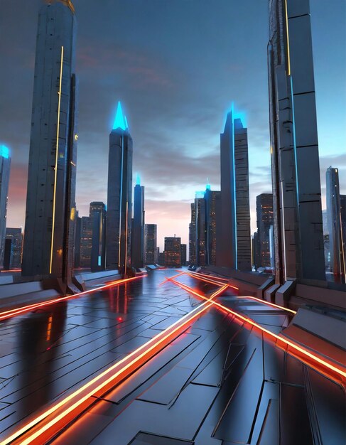 Futuristische stad met hoge wolkenkrabbers en neonlichten