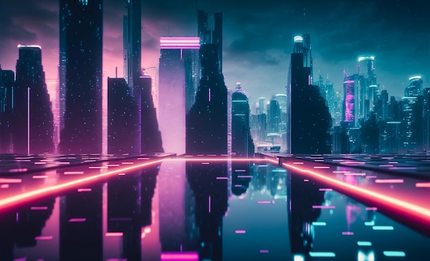 Futuristische stad met neonlicht van roze en blauw verlichte stadsstraat