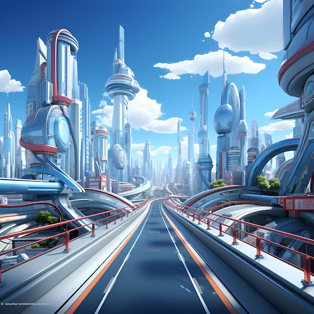 Futuristische stad op de achtergrond van de weg 3D rendering
