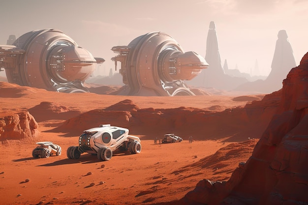 Futuristische stad op mars met strakke gebouwen en vliegende auto's