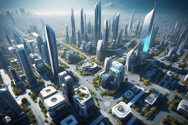 Futuristische stad stad Het concept van de toekomst Luchtbeeld 3D rendering