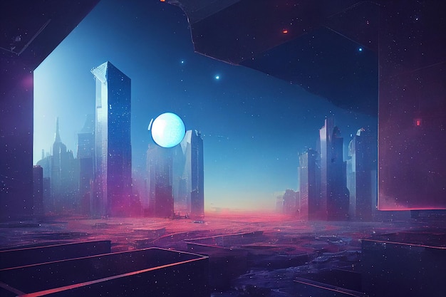 Futuristische stad vanuit de ruimte in Cyberpunk Style concept art illustratie
