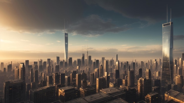 Futuristische stads skyline met geavanceerde technologie en torenhoge wolkenkrabbers AI gegenereerd