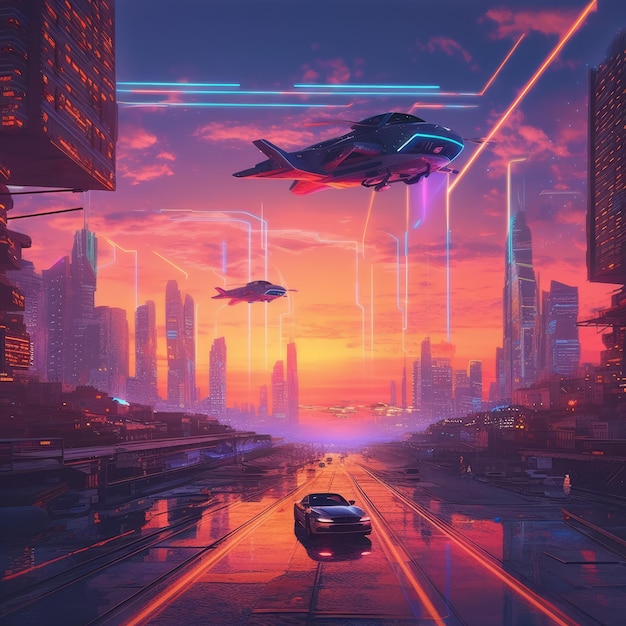 Futuristische stadsgezicht bij zonsondergang met auto's generatieve ai