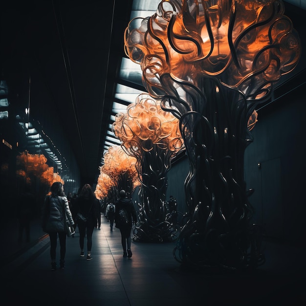 Futuristische stadsstraat met gloeiende oranje sculpturen