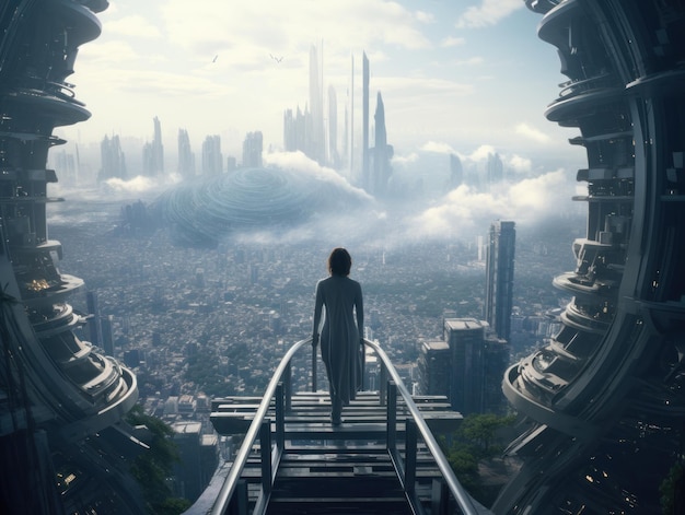 Futuristische stadsvrouw die naar de stad kijkt aan de rand van het hoogste gebouw scifi