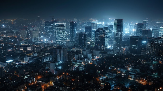 Futuristische stedelijke nachtelijke skyline met hoge gebouwen