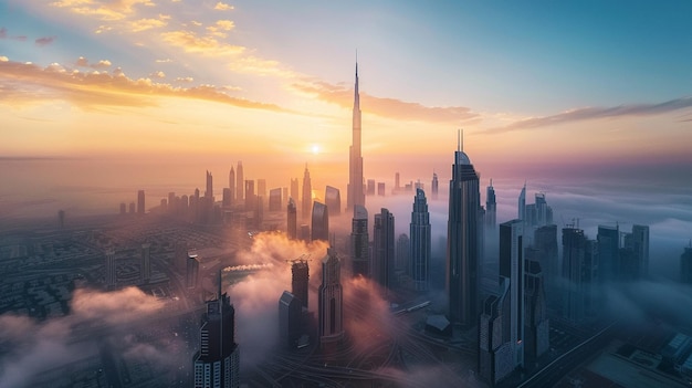 Futuristische stedelijke skyline in mist