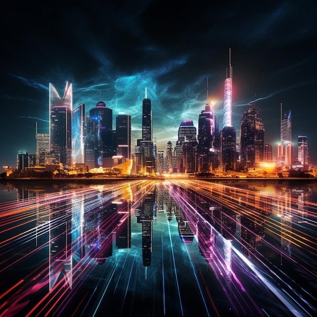 Futuristische stedelijke Skyline 's nachts met neonlichten