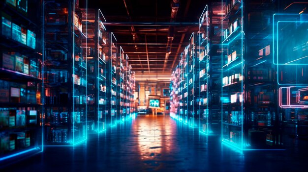 Futuristische technologie Retail Warehouse Digitalisering en visualisatie van de industrie 40 Proces dat goederen analyseert Generatieve AI