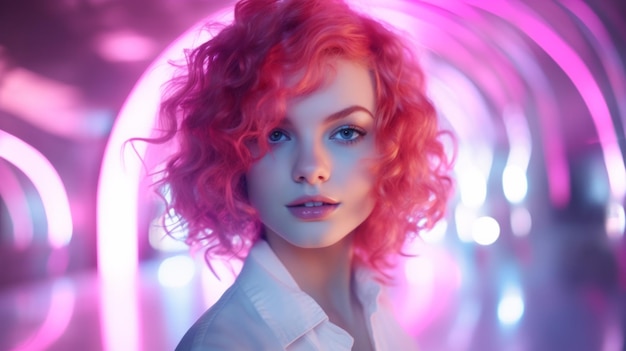 Futuristische tiener blanke vrouw met roze krullend haar fotorealistische illustratie