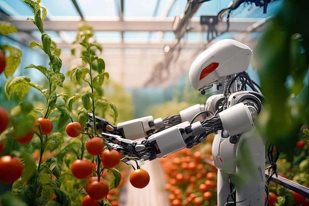Futuristische Tomatenoogst Robot Cyborg in Greenhouse Generative AI