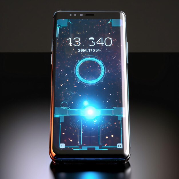 Foto futuristische touchscreen smartphone op zwarte achtergrond 3d-rendering