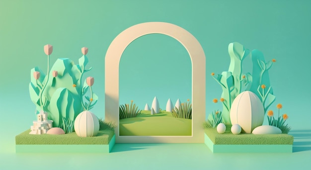 Futuristische tuin in papier gesneden stijl met boogdeur op mintgroene achtergrond Gemaakt met generatieve AI