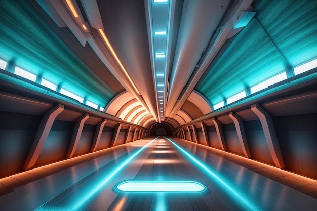 futuristische tunnel met verlichte wanden en vloer